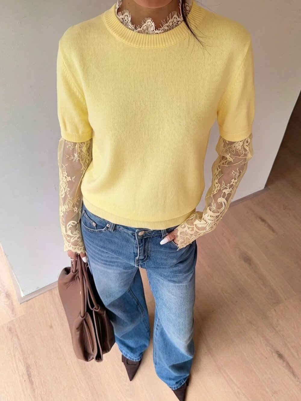 Light Yellow Casual Women's Lace Patchwork Sweater